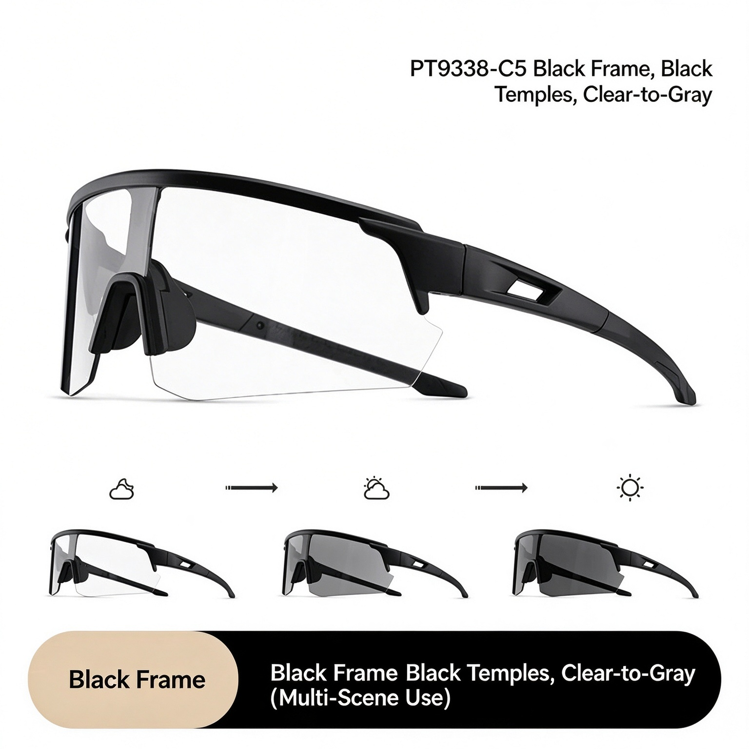 Unisex Photochromic Cycling Glasses, Day & Night Windproof Sports Goggles for Biking and Mountaineering 260024 - Black