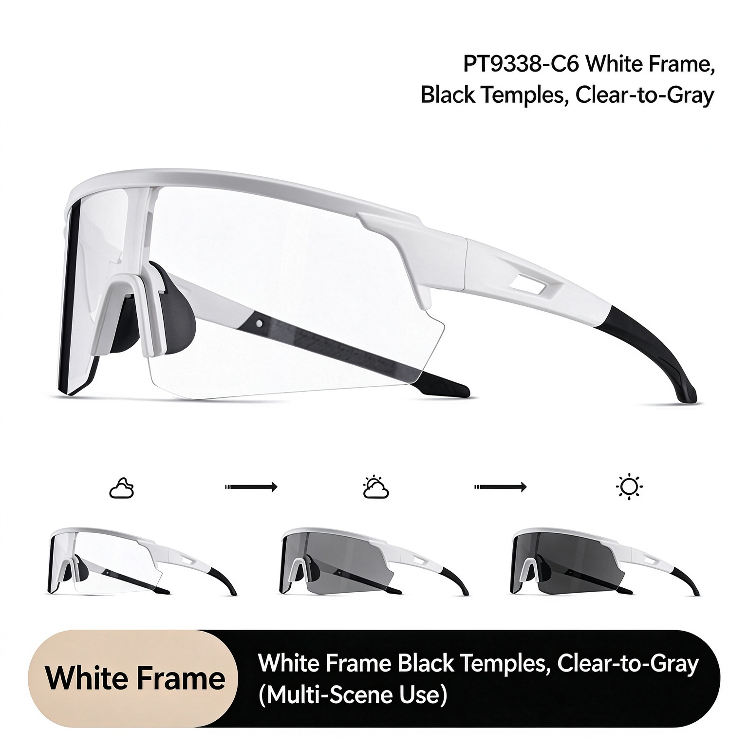 Unisex Photochromic Cycling Glasses, Day & Night Windproof Sports Goggles for Biking and Mountaineering 260024 - White