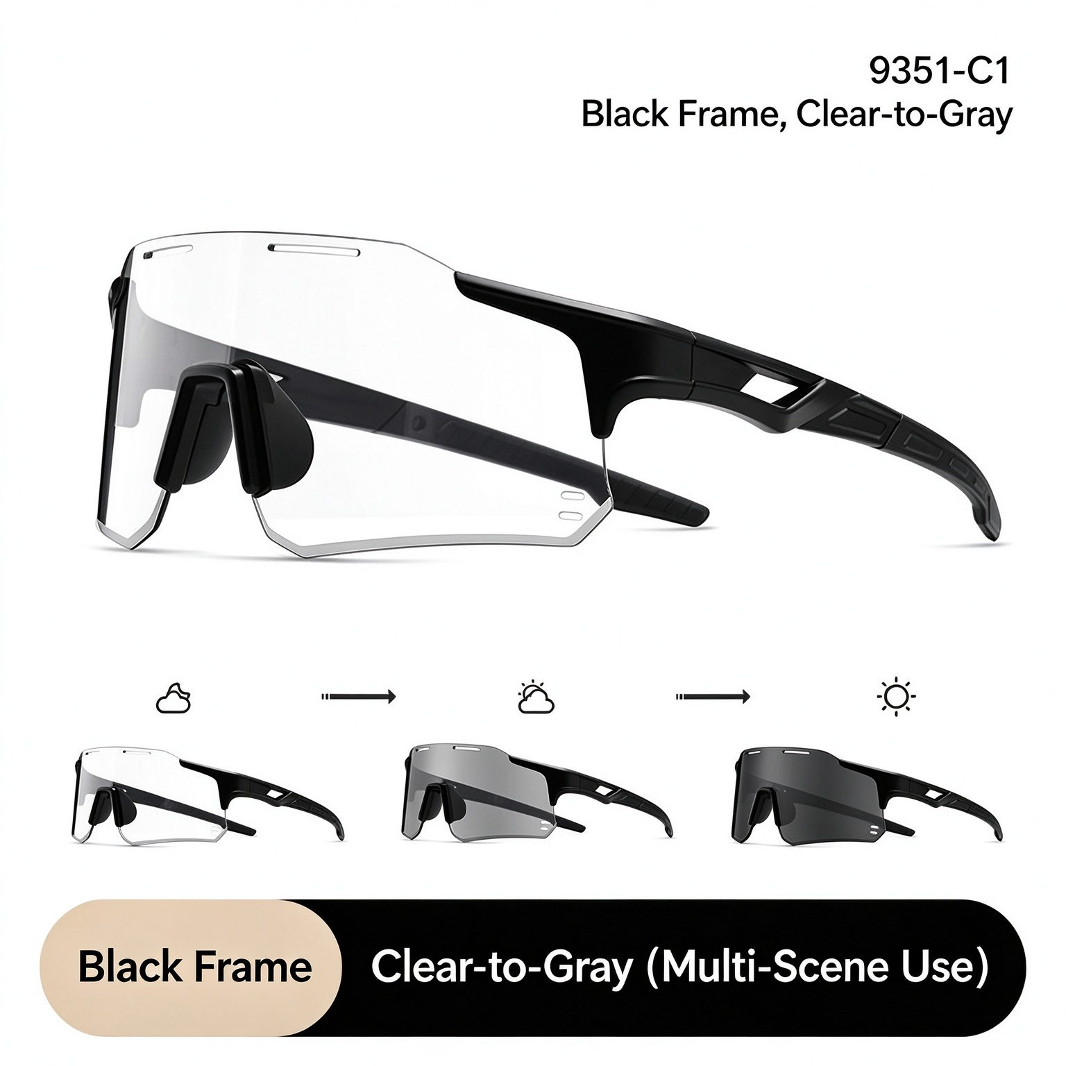 Unisex Photochromic Cycling Glasses, Day & Night Windproof Sports Goggles for Biking and Mountaineering 260023 - Black