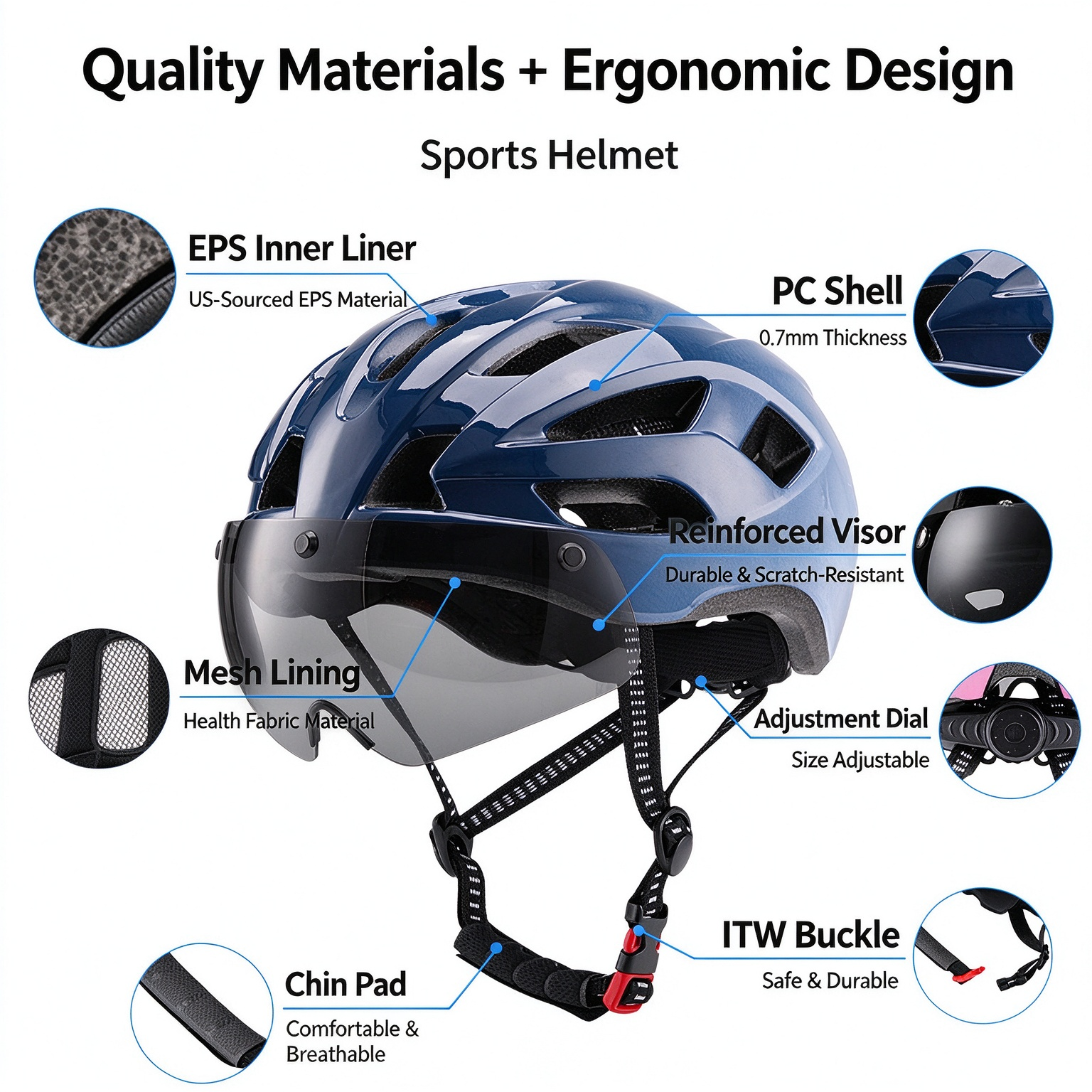Integrated Molding Road Cycling Helmet with Magnetic Goggles & Light, Universal Fit L-260009 - Image 3