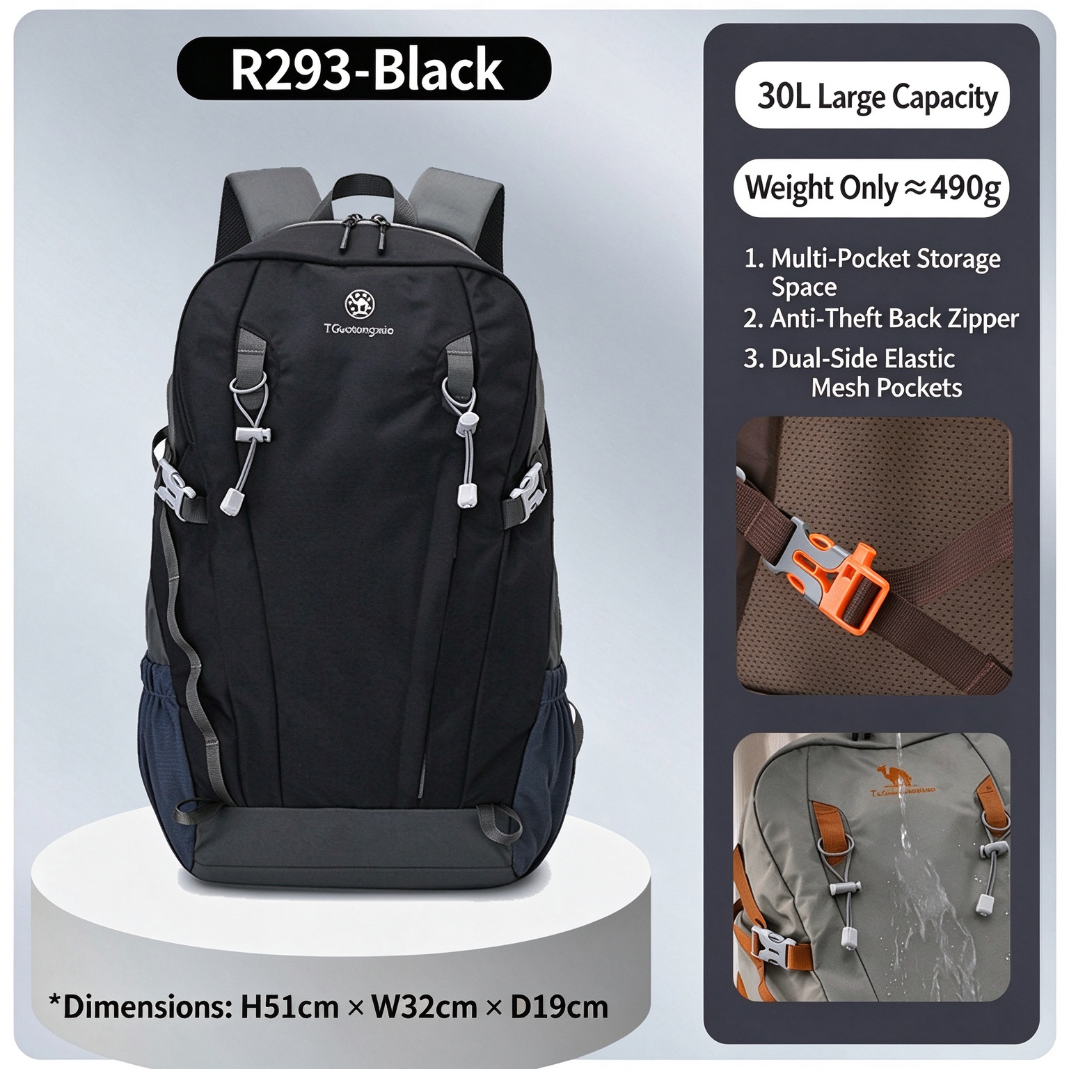 Men & Women Outdoor Hiking Backpack, Large Capacity Lightweight Travel Rucksack for Camping, Trekking & Daily Use 260025 - Black