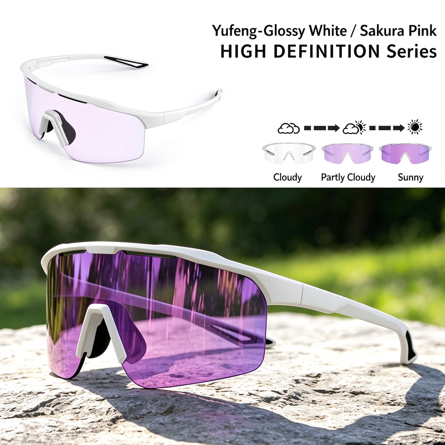 PC Photochromic Cycling Glasses, Day & Night Use, UV400 Protection, Wind & Sand Resistant, Impact-Resistant, High Definition Running Sunglasses 260022 - Pink