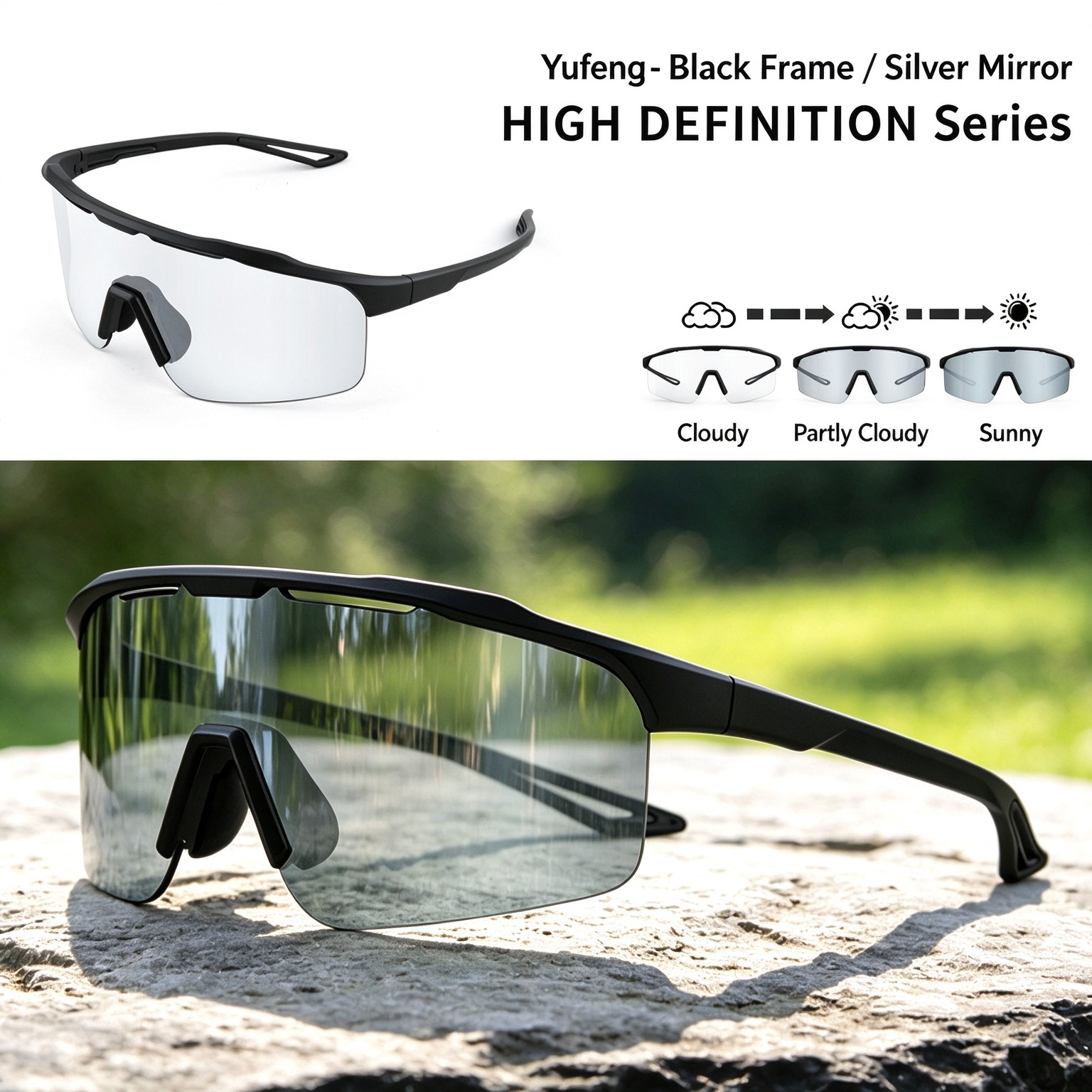 PC Photochromic Cycling Glasses, Day & Night Use, UV400 Protection, Wind & Sand Resistant, Impact-Resistant, High Definition Running Sunglasses 260022 - Gray