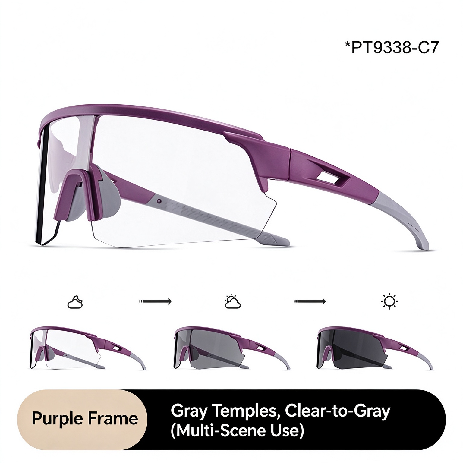 Unisex Photochromic Cycling Glasses, Day & Night Windproof Sports Goggles for Biking and Mountaineering 260024 - purple