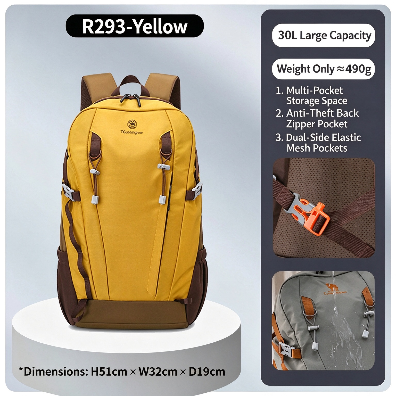 Men & Women Outdoor Hiking Backpack, Large Capacity Lightweight Travel Rucksack for Camping, Trekking & Daily Use 260025 - Yellow