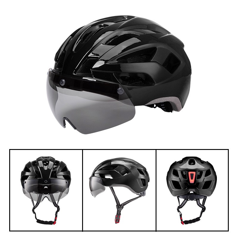 Integrated Molding Road Cycling Helmet with Magnetic Goggles & Light, Universal Fit L-260009 - Black