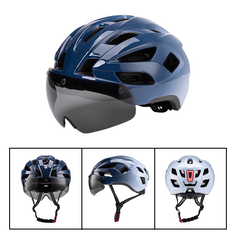 Integrated Molding Road Cycling Helmet with Magnetic Goggles & Light, Universal Fit L-260009 - Blue
