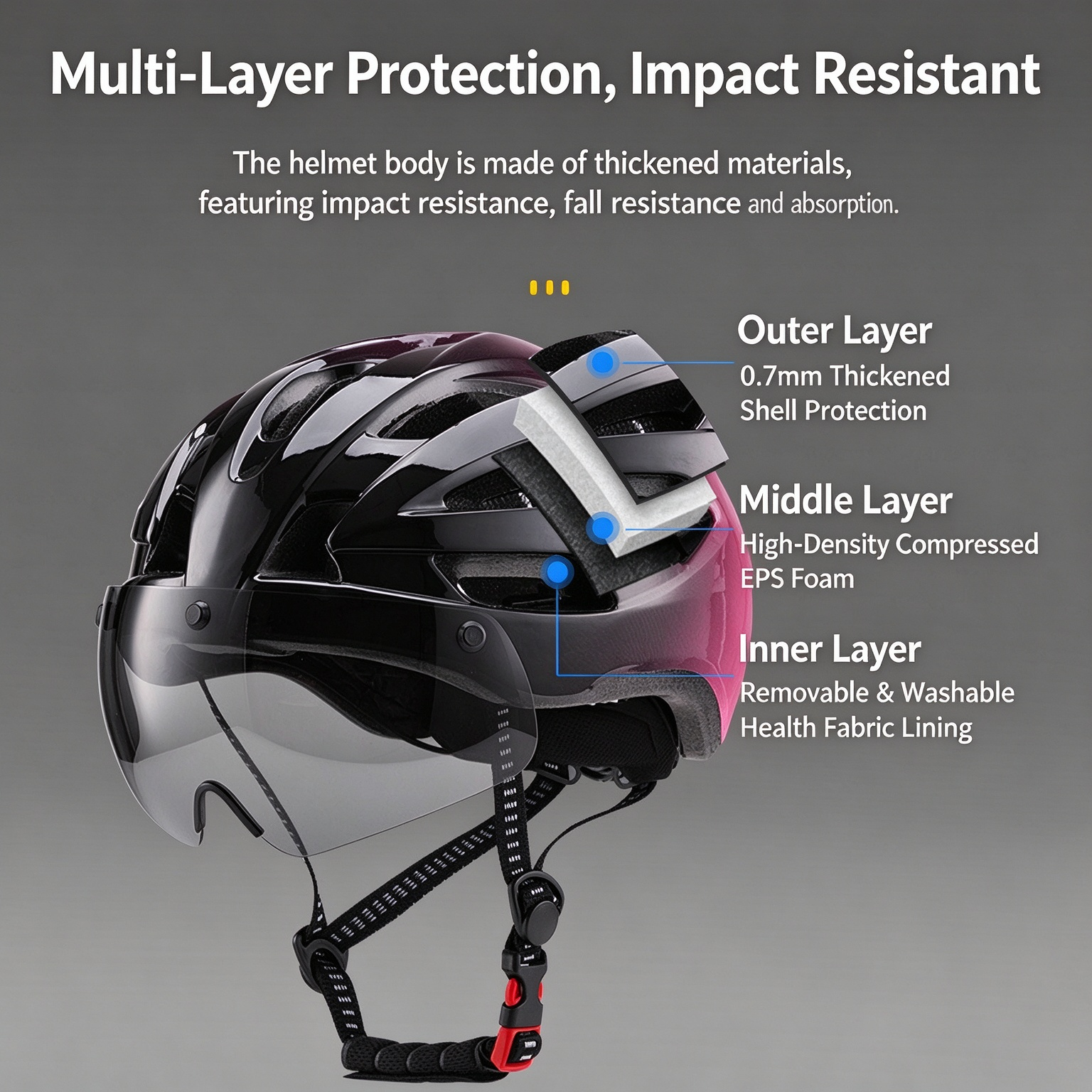 Integrated Molding Road Cycling Helmet with Magnetic Goggles & Light, Universal Fit L-260009 - Image 9