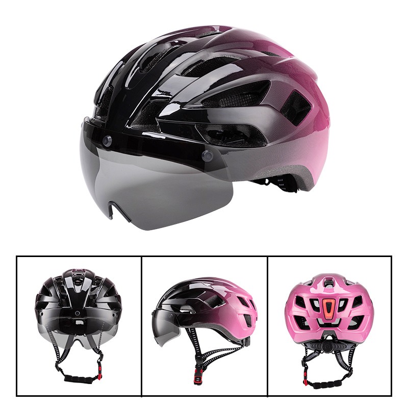 Integrated Molding Road Cycling Helmet with Magnetic Goggles & Light, Universal Fit L-260009 - Pink
